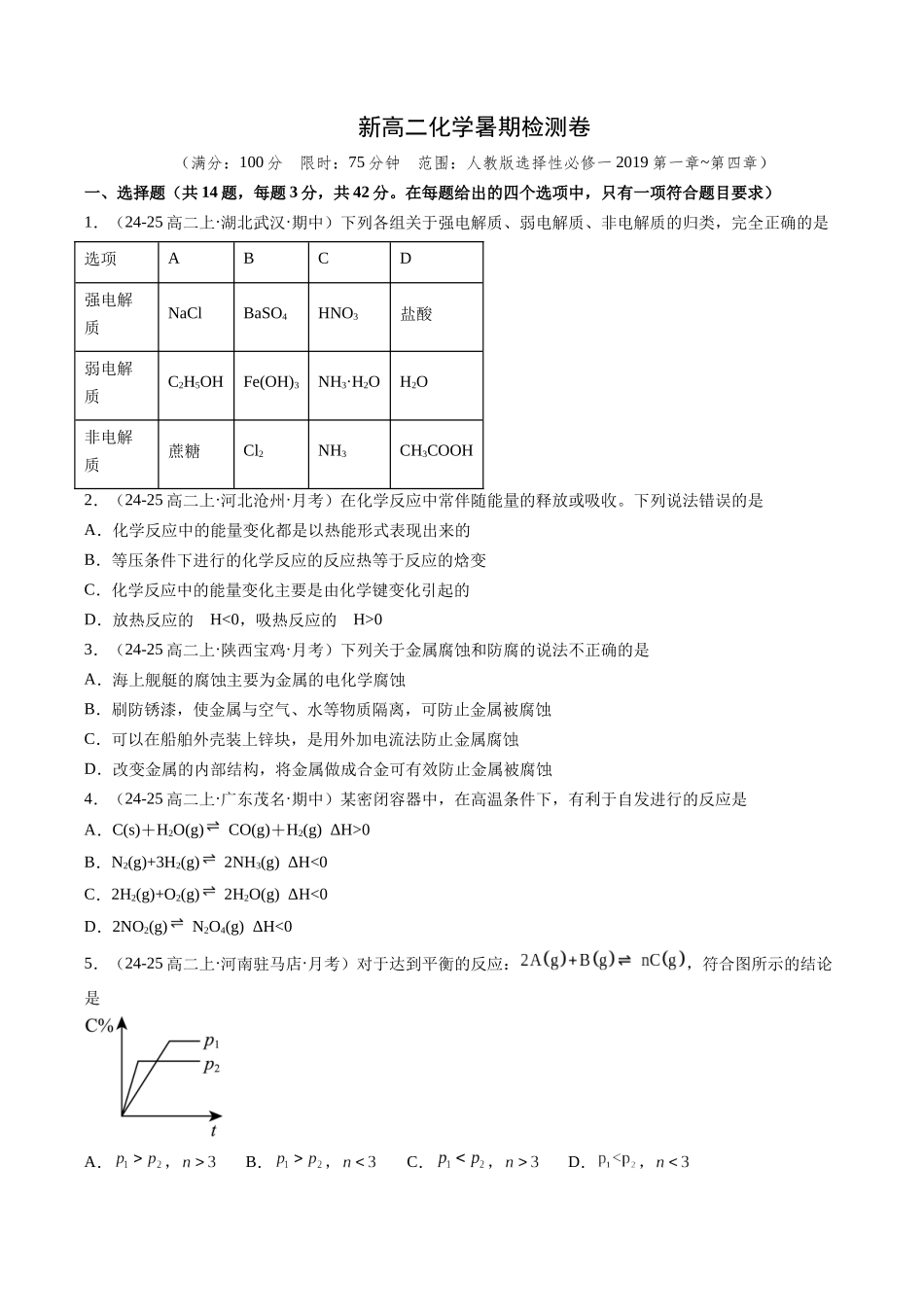 新高二化学暑期检测卷(学生版)-2025年新高二化学暑假衔接讲练(人教版).docx_第1页