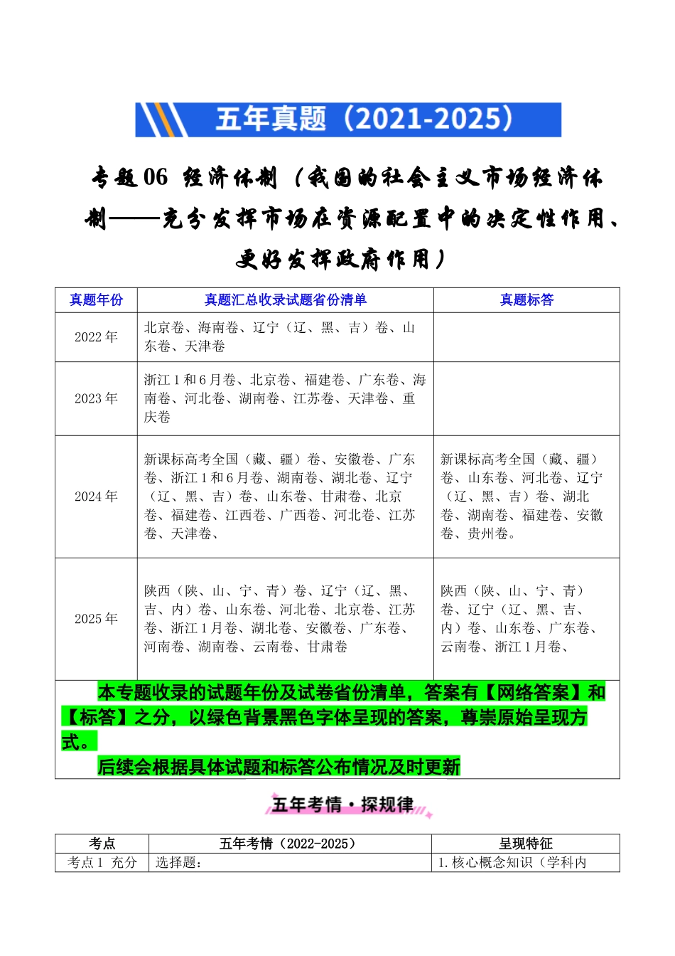专题06 经济体制(我国的社会主义市场经济体制——充分发挥市场在资源配置中的决定性作用、更好发挥政府作用)全国通用)(原卷版).docx_第1页