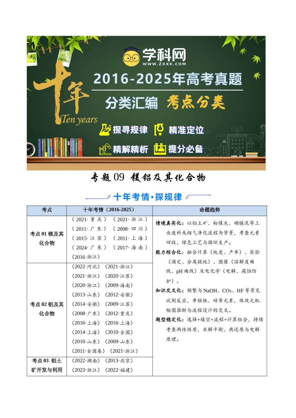 专题09 镁、铝及其化合物(学生版).docx_第1页