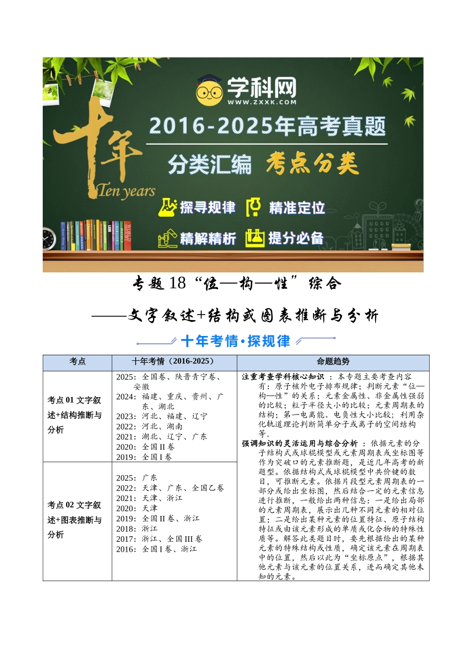 专题18  “位—构—性”综合——文字叙述+结构或图表推断与分析（教师版）.docx_第1页