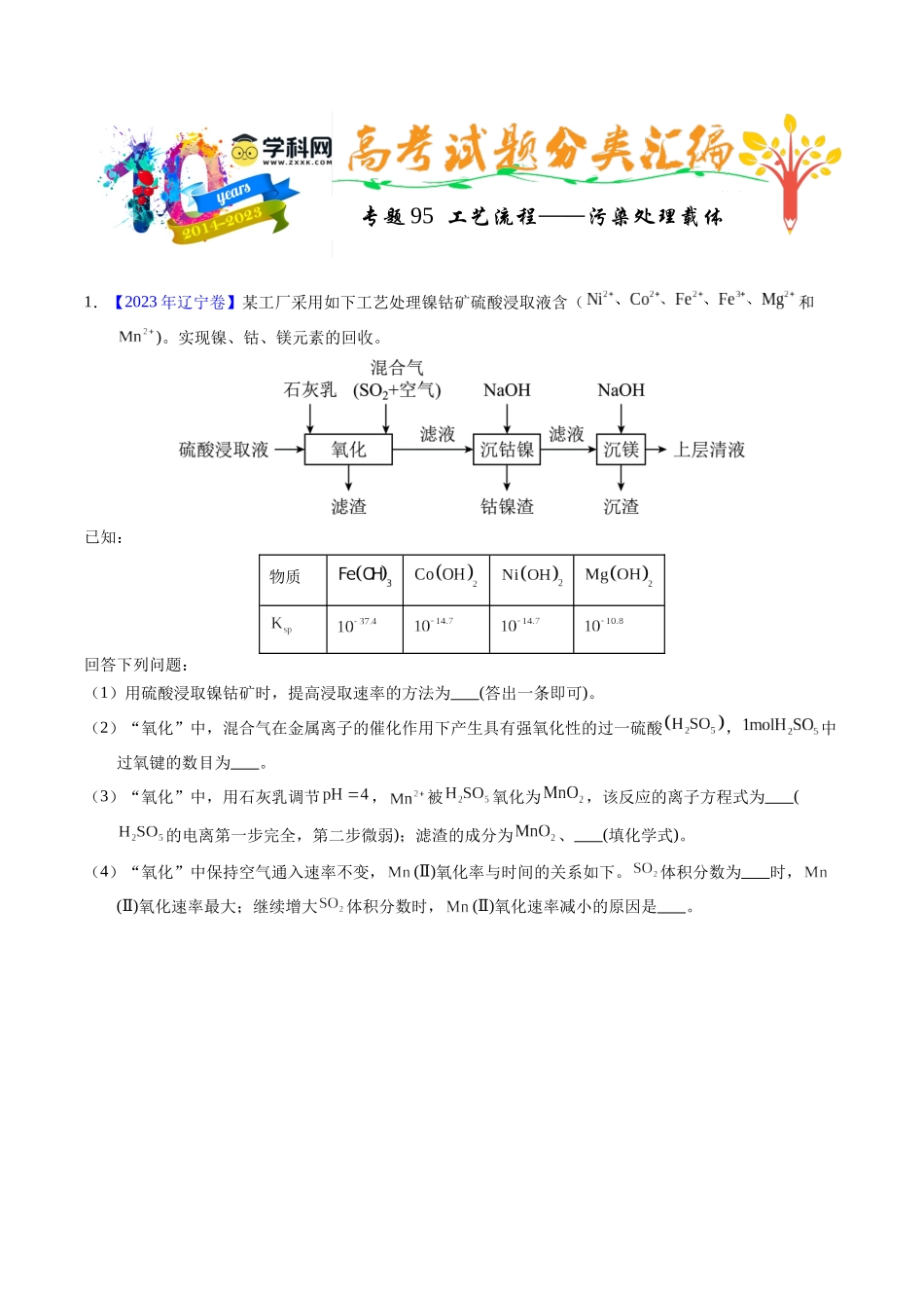专题95 工艺流程——污染处理载体(学生版).docx_第1页