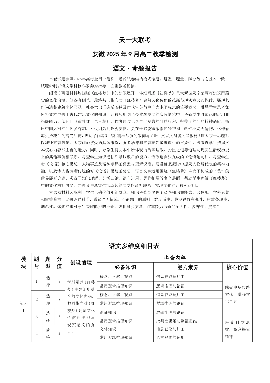 语文-安徽9月高二秋季检测命题报告.pdf_第1页