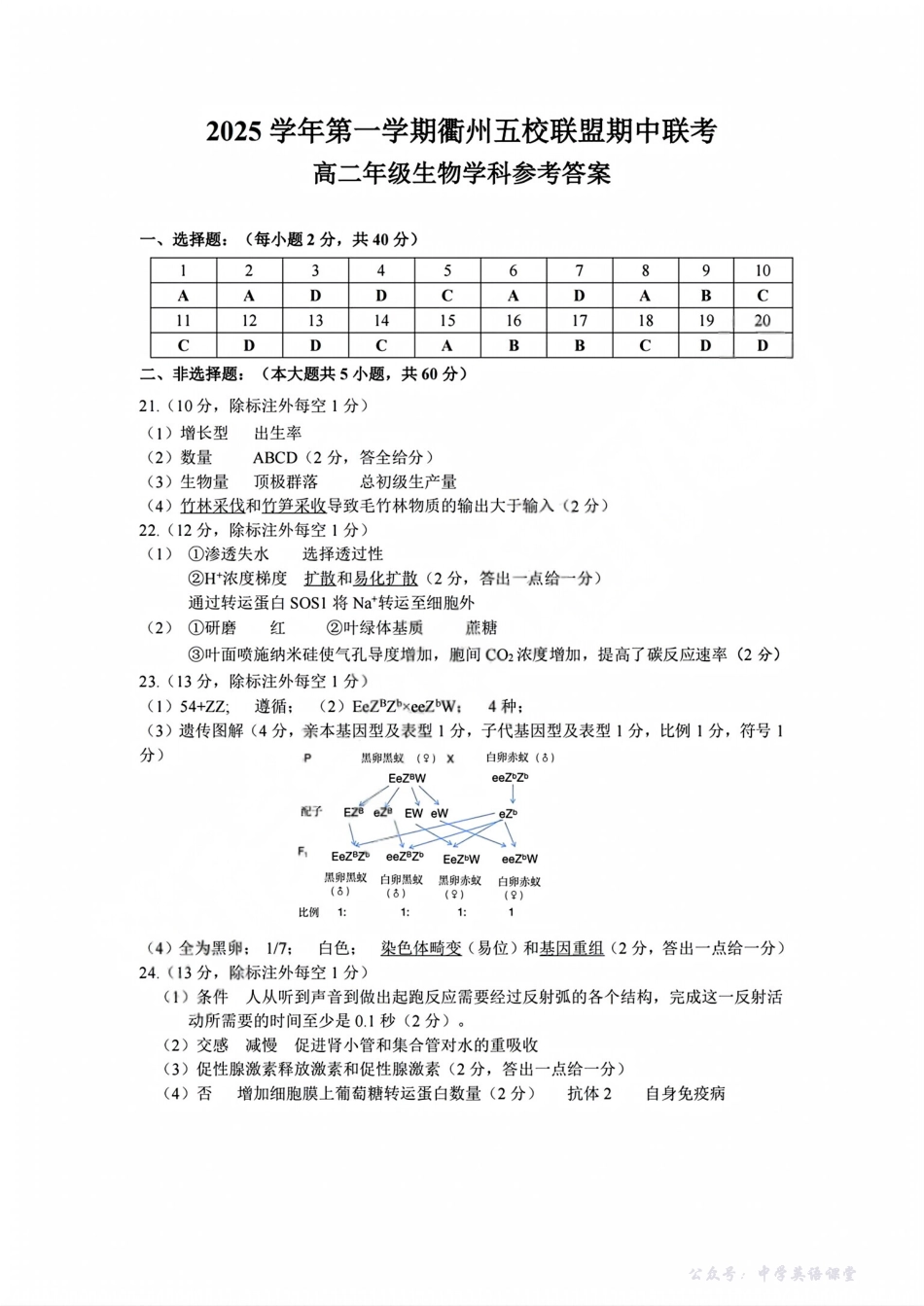 浙江衢州五校联盟2025年11月高二期中联考生物答案.pdf_第1页
