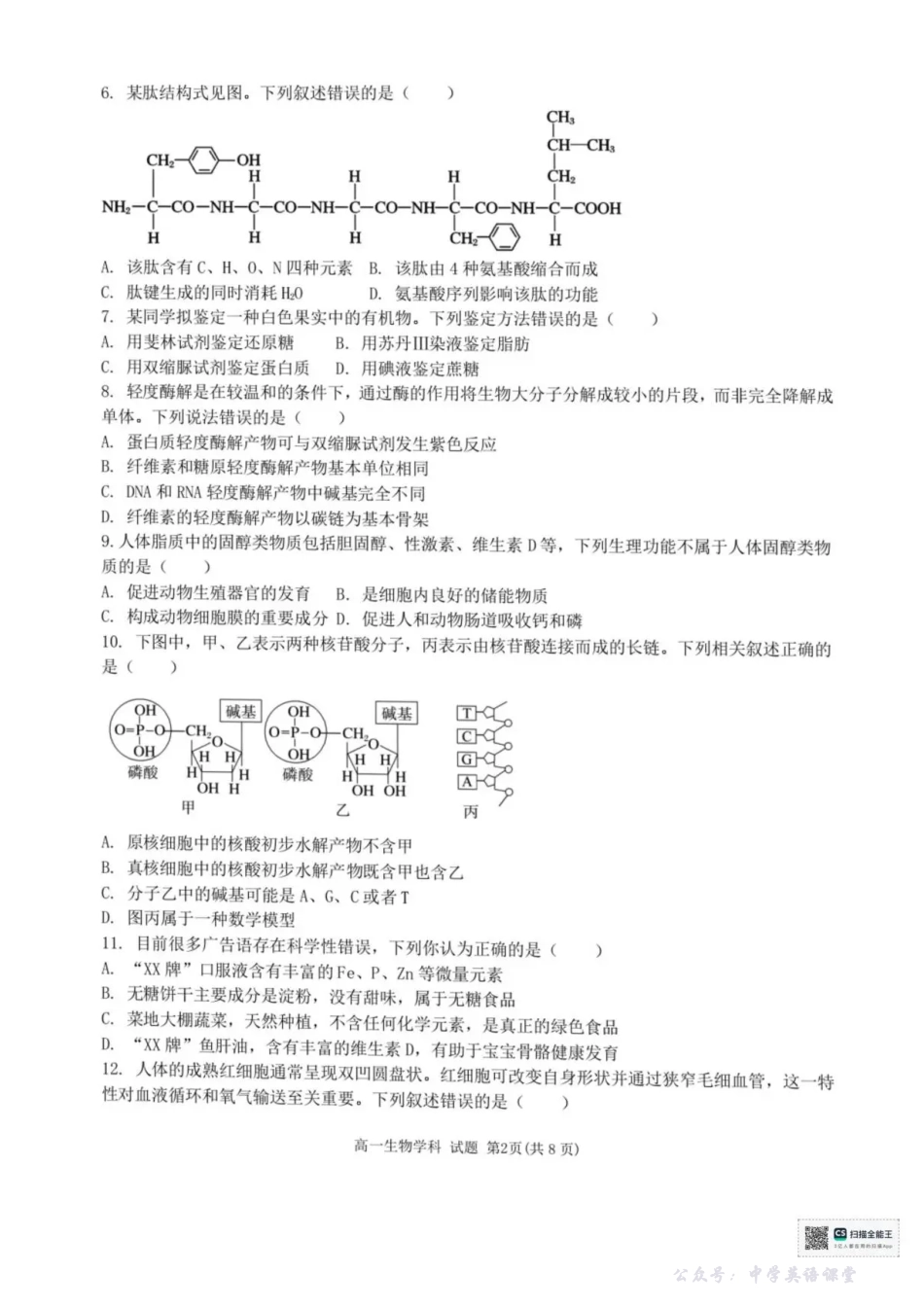 浙江省宁波六校联盟2025-2026学年高一上学期11月期中生物试题含答案.pdf_第2页