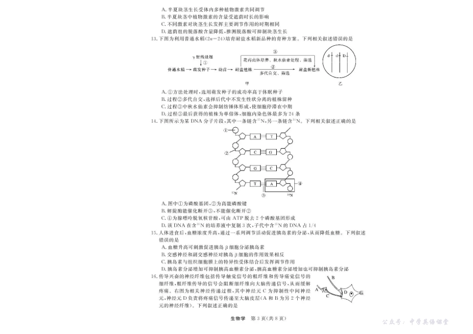 浙江省强基联盟2025-2026学年高二上学期11月期中生物试题（A卷）含答案.pdf_第3页