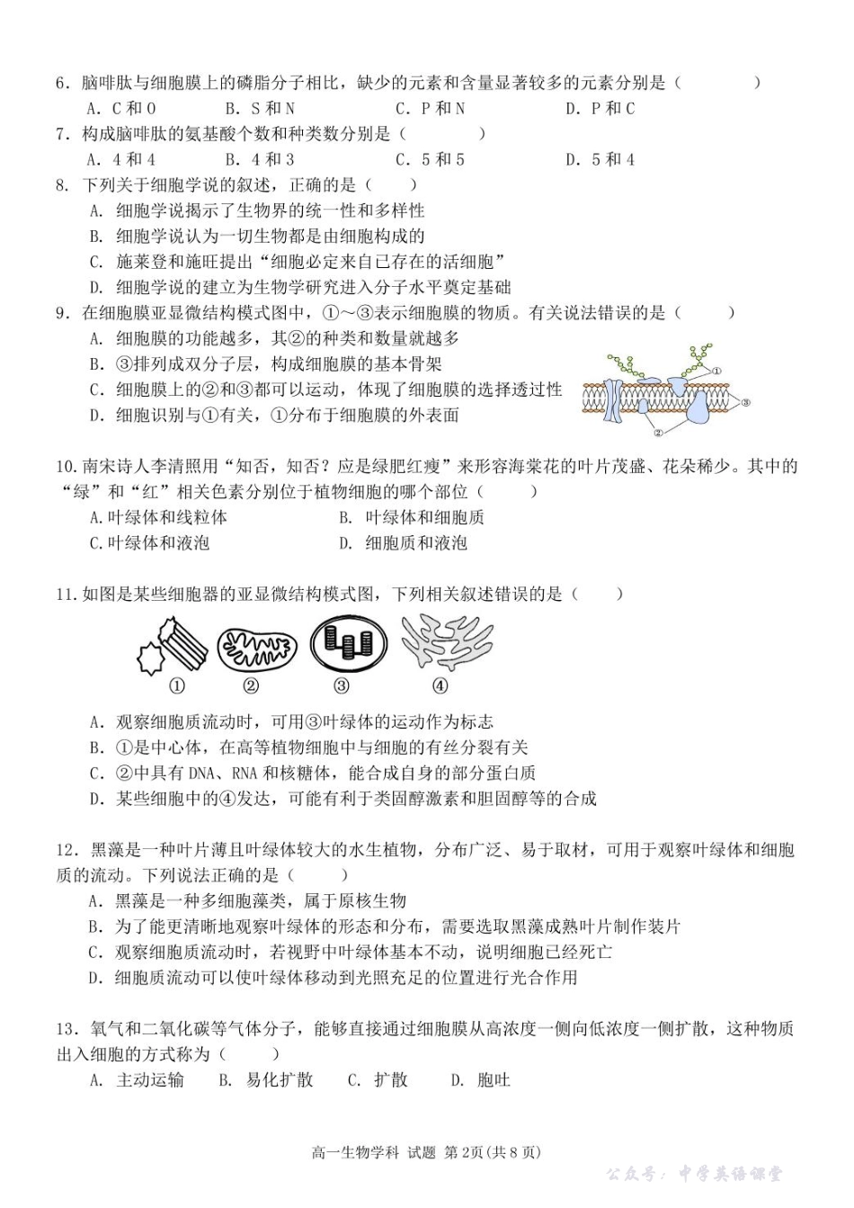 浙江省五湖联盟2025-2026学年高一上学期期中联考高一生物试题.pdf_第2页