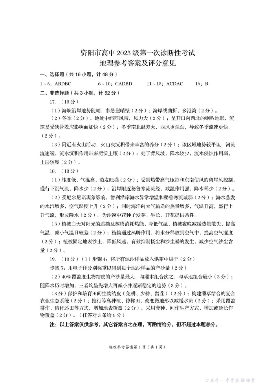 资阳市高中2023级第一次诊断性考试地理答案.pdf_第1页