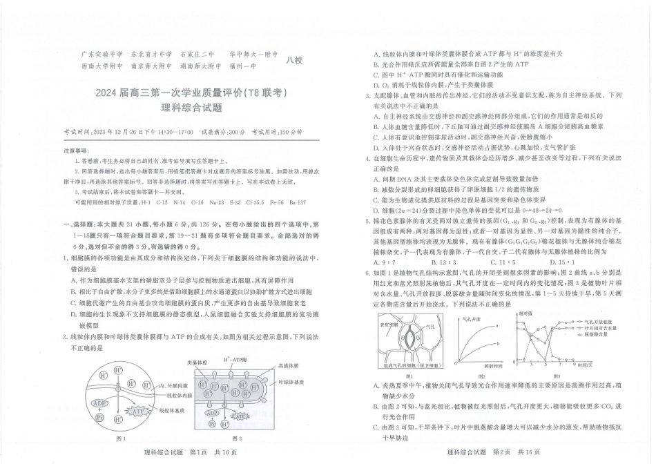 2024届高三第一次学业质量评价T8联考理综题.pdf_第1页