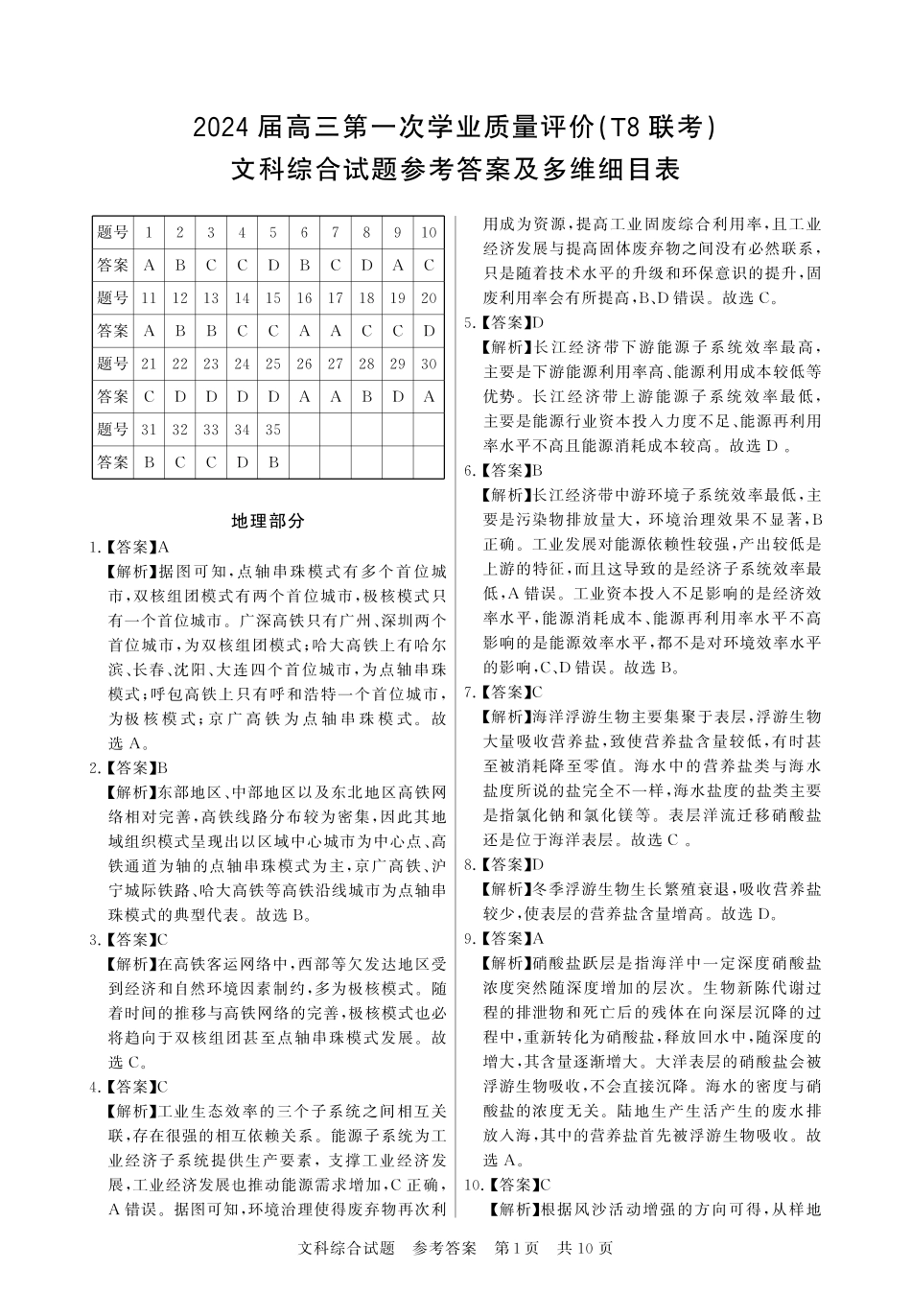 T8联考-文综答案.pdf_第1页