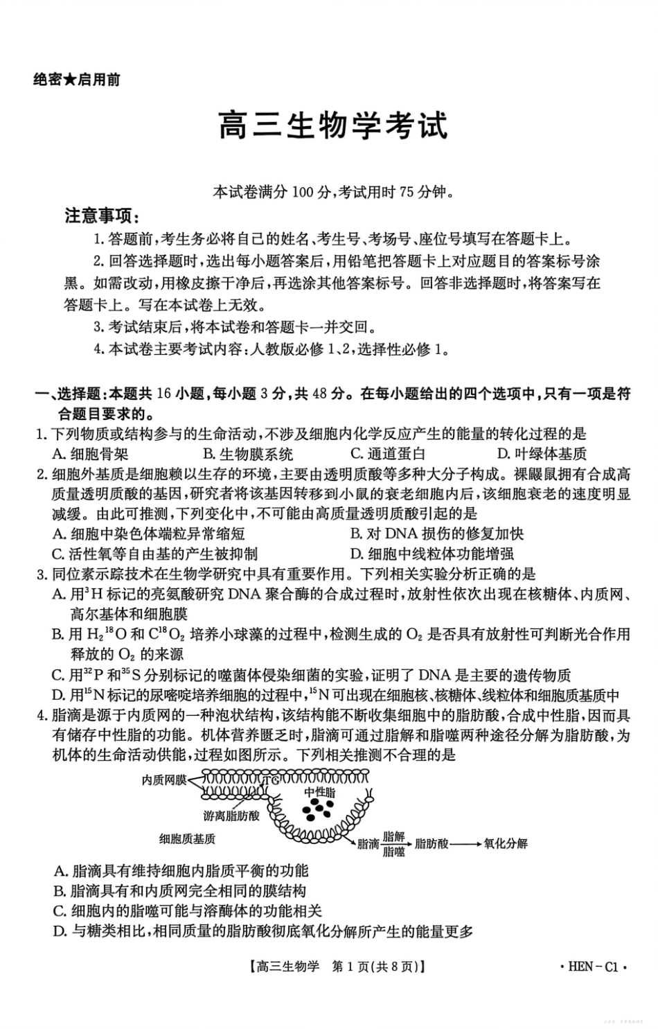 河南省2026届高三上学期11月联考（HEN）生物.pdf_第1页