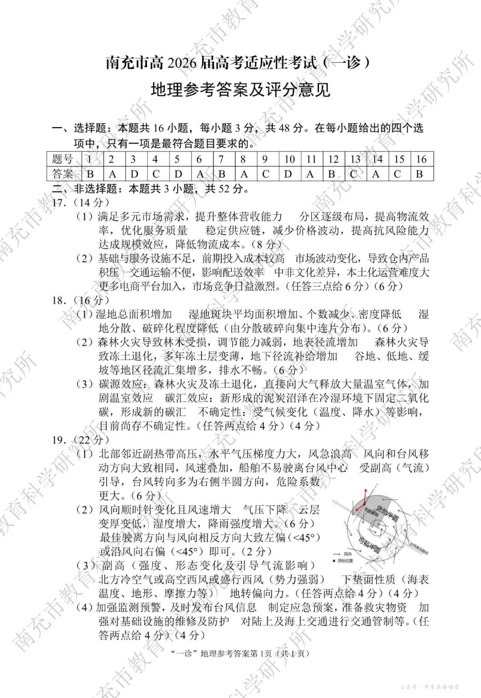 南充市高2026届高考适应性考试(一诊)地理答案.pdf_第1页
