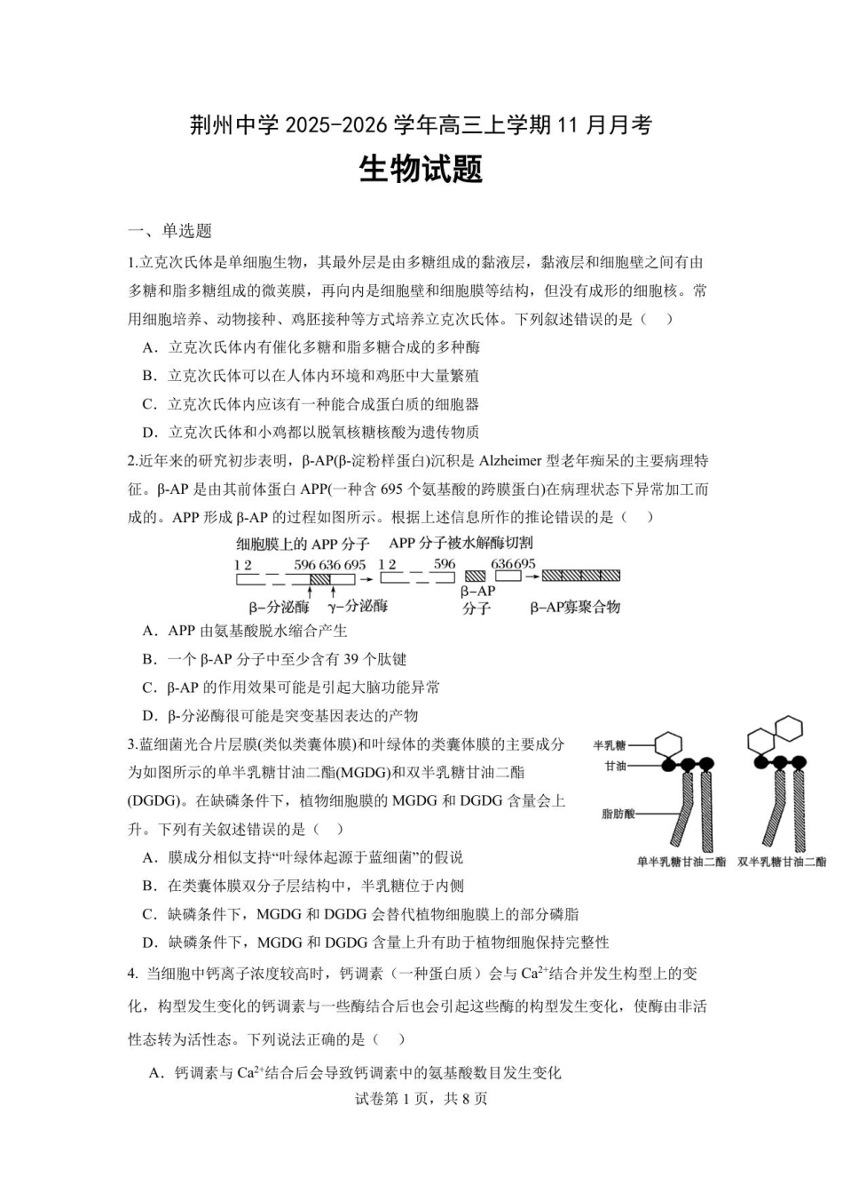 生物试卷湖北省荆州中学2025-2026学年高三上学期11月月考(11月下旬).pdf_第1页