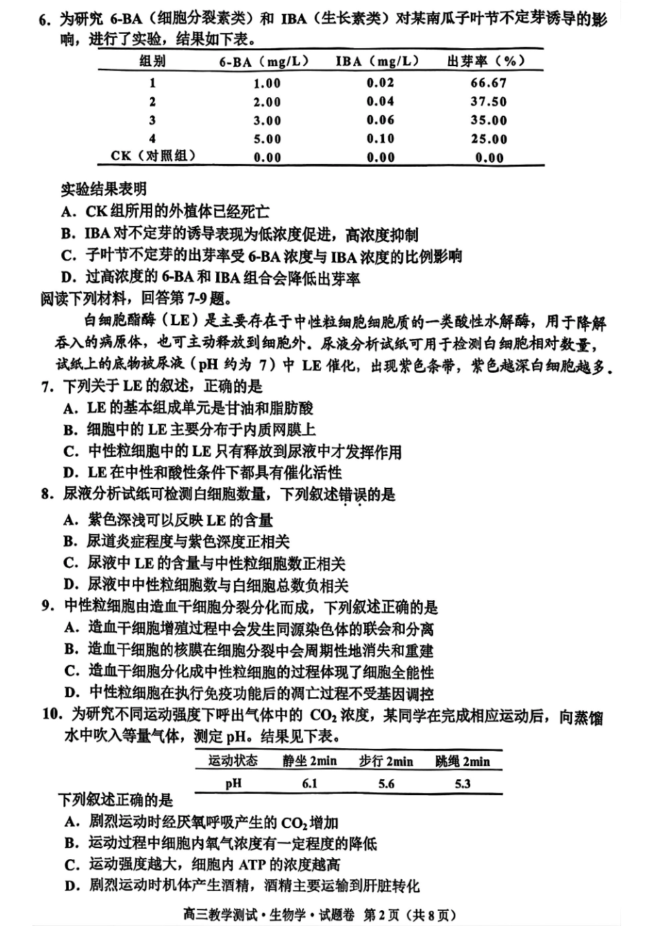 生物试题卷浙江省嘉兴市2025年12月教学测试(嘉兴一模)(12.4-12.5).pdf_第2页