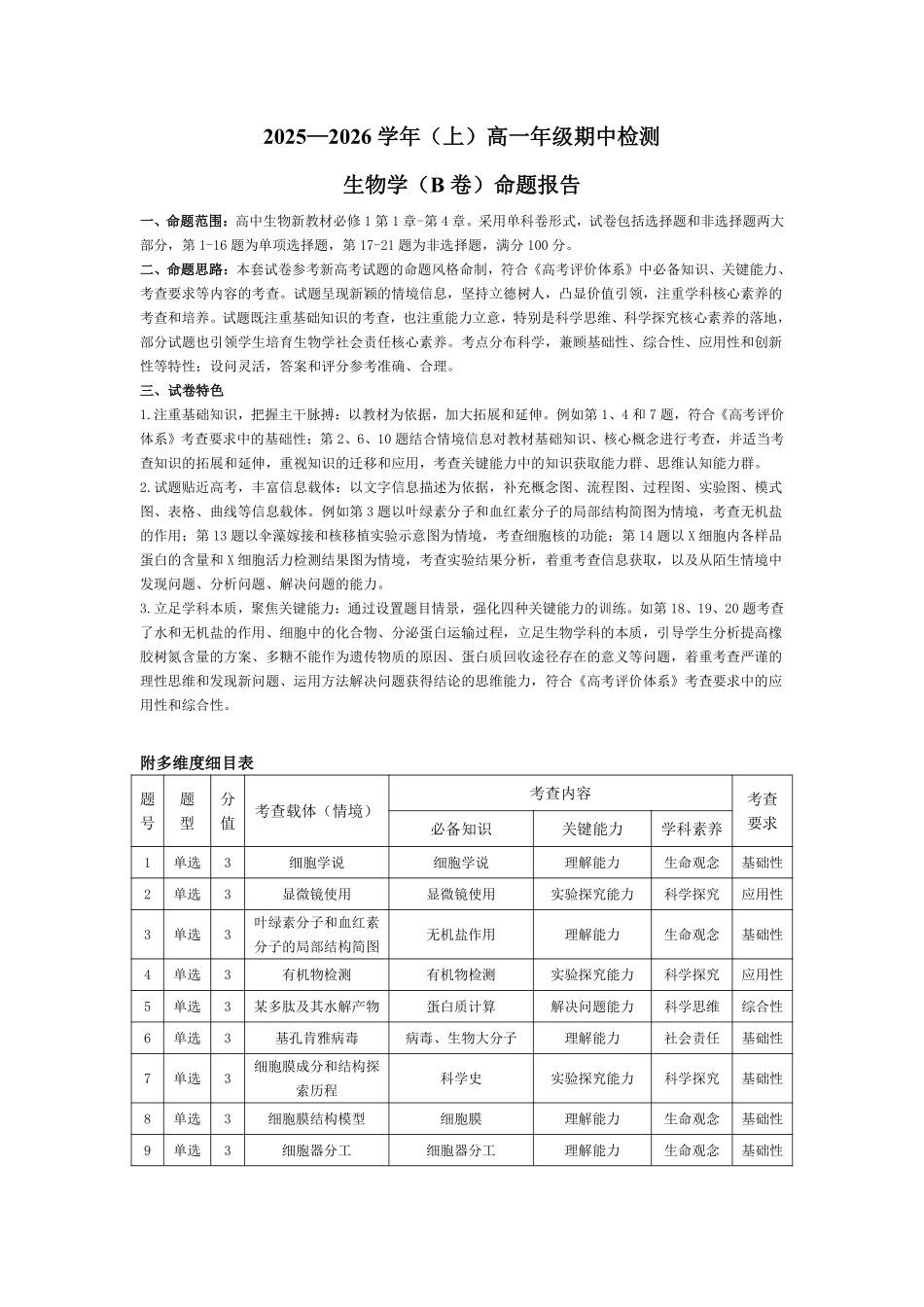 生物学-2025—2026学年(上)高一年级期中检测(B卷)命题报告.pdf_第1页