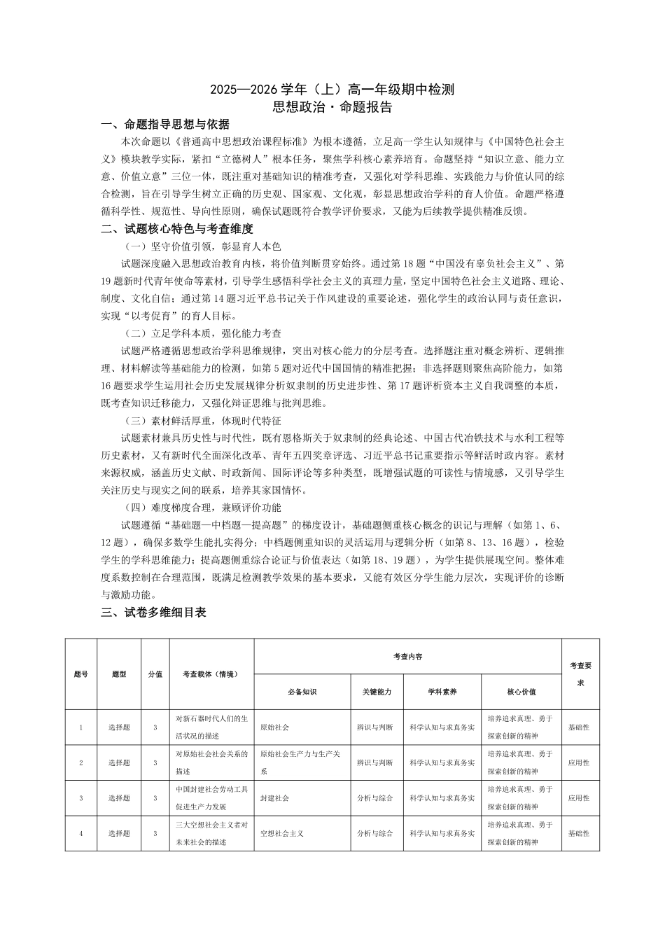 思想政治—2025—2026学年(上)高一年级期中检测—命题报告.pdf_第1页