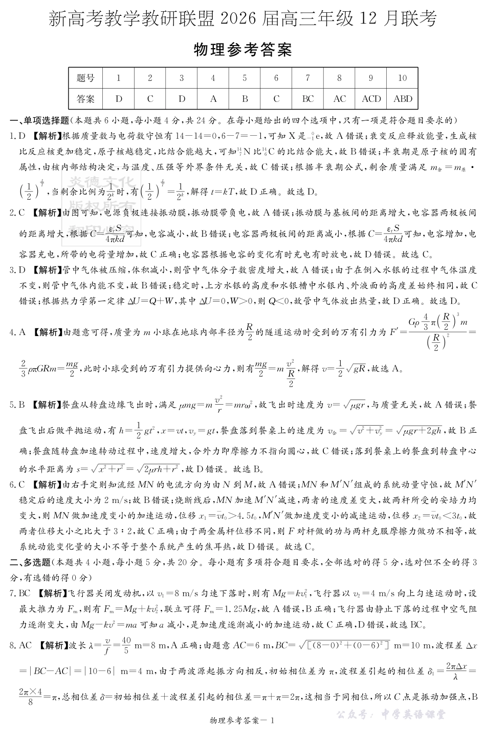新高考教学教研联盟(长郡二十校)2026届高三年级12月联考物理答案.pdf_第1页