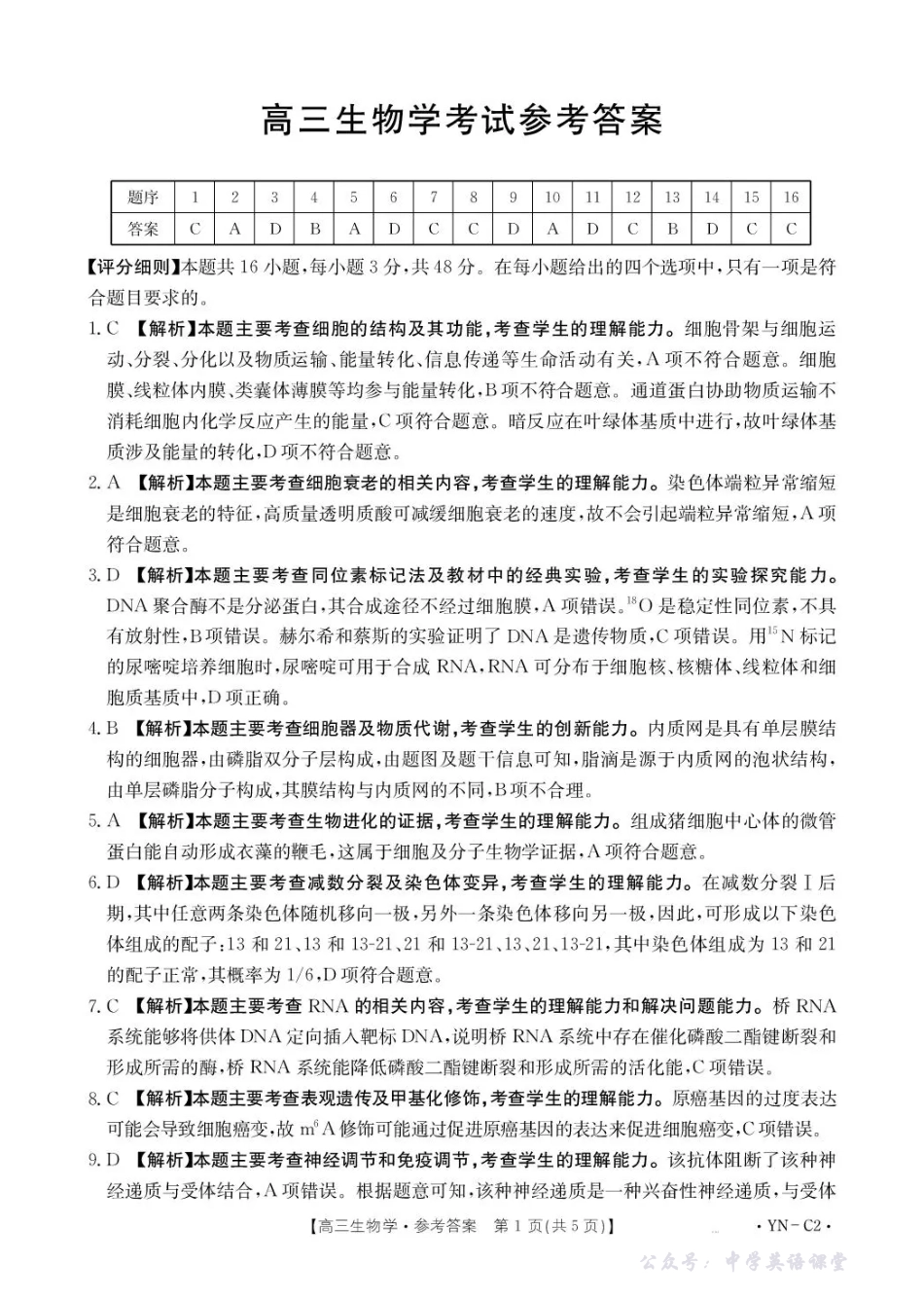 云南省2026届高三上学期11月联考(YN)生物答案.pdf_第1页