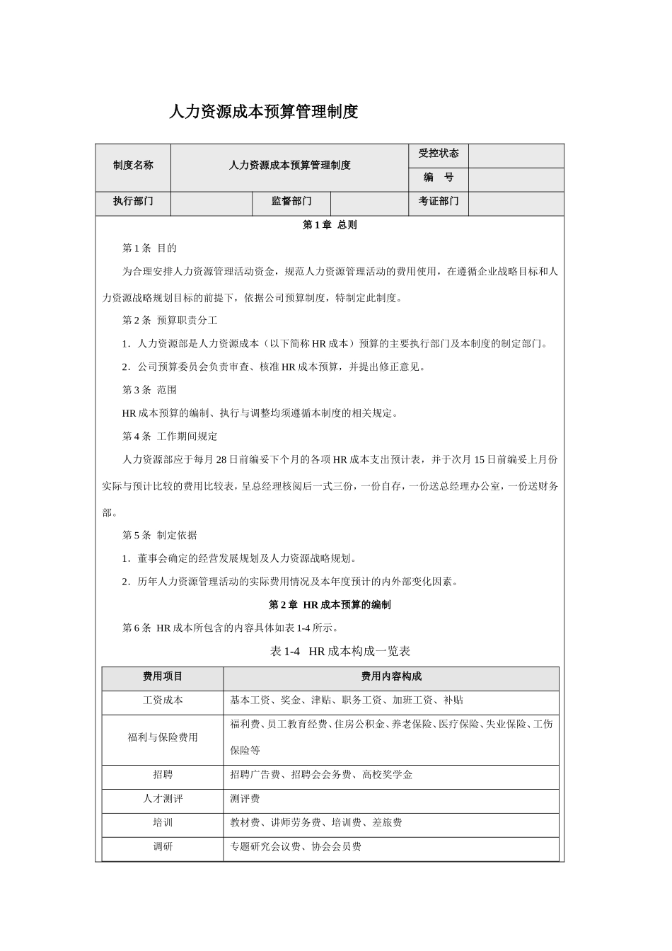【制度】人力资源成本预算管理制度.doc_第1页