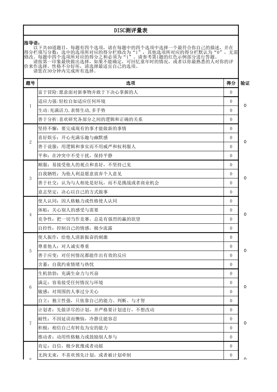 DISC测评量表(自动计算).xlsx_第1页