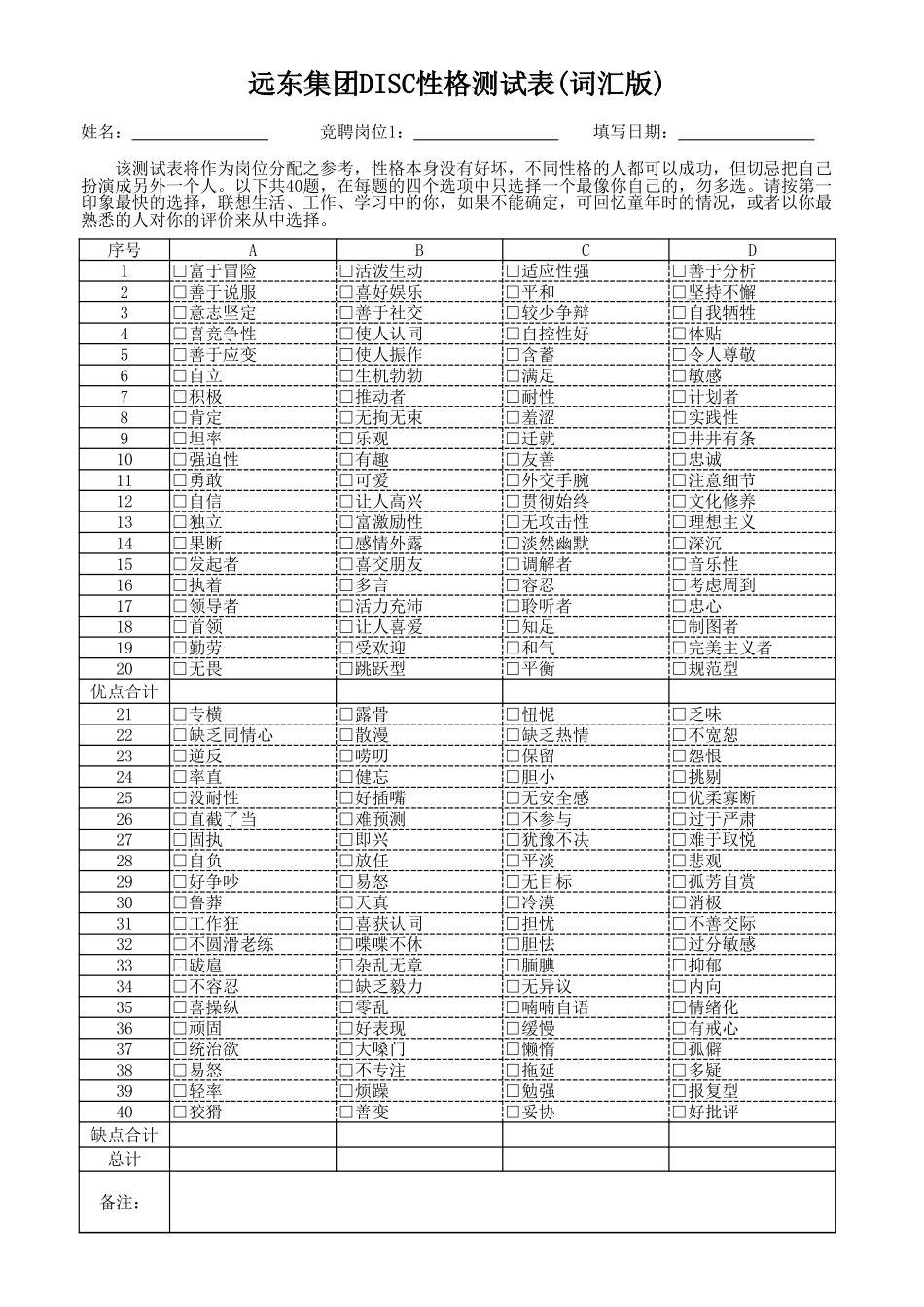 DISC性格测试表&结构面试问题.xlsx_第1页