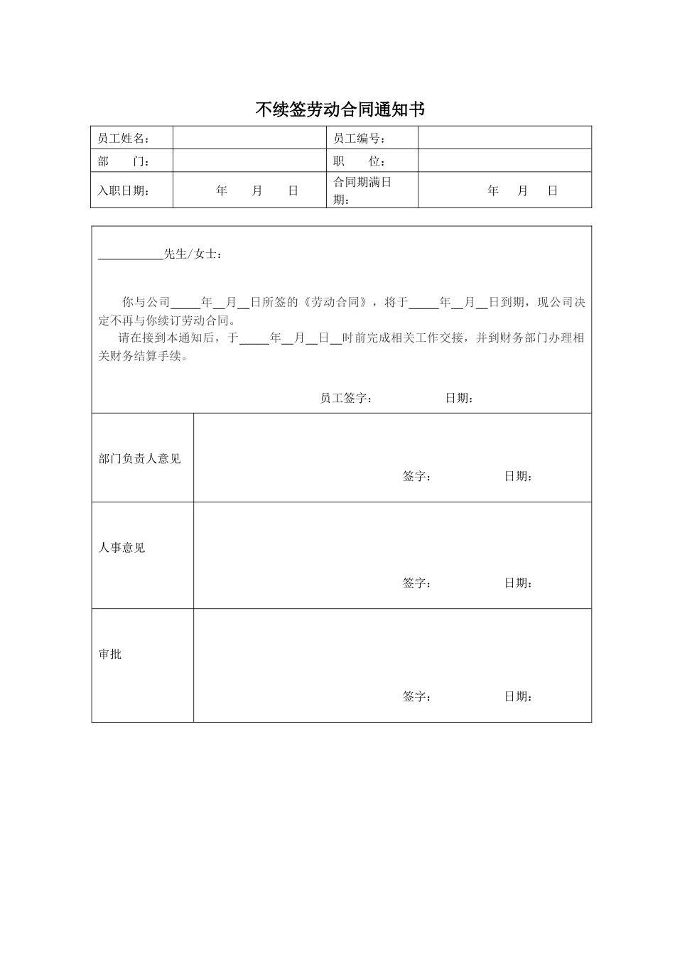 不续签劳动合同审批表.docx_第1页
