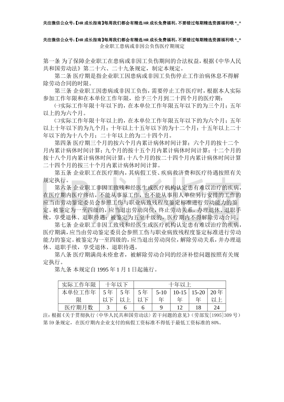 企业职工患病或非因公负伤医疗期规定.doc_第1页