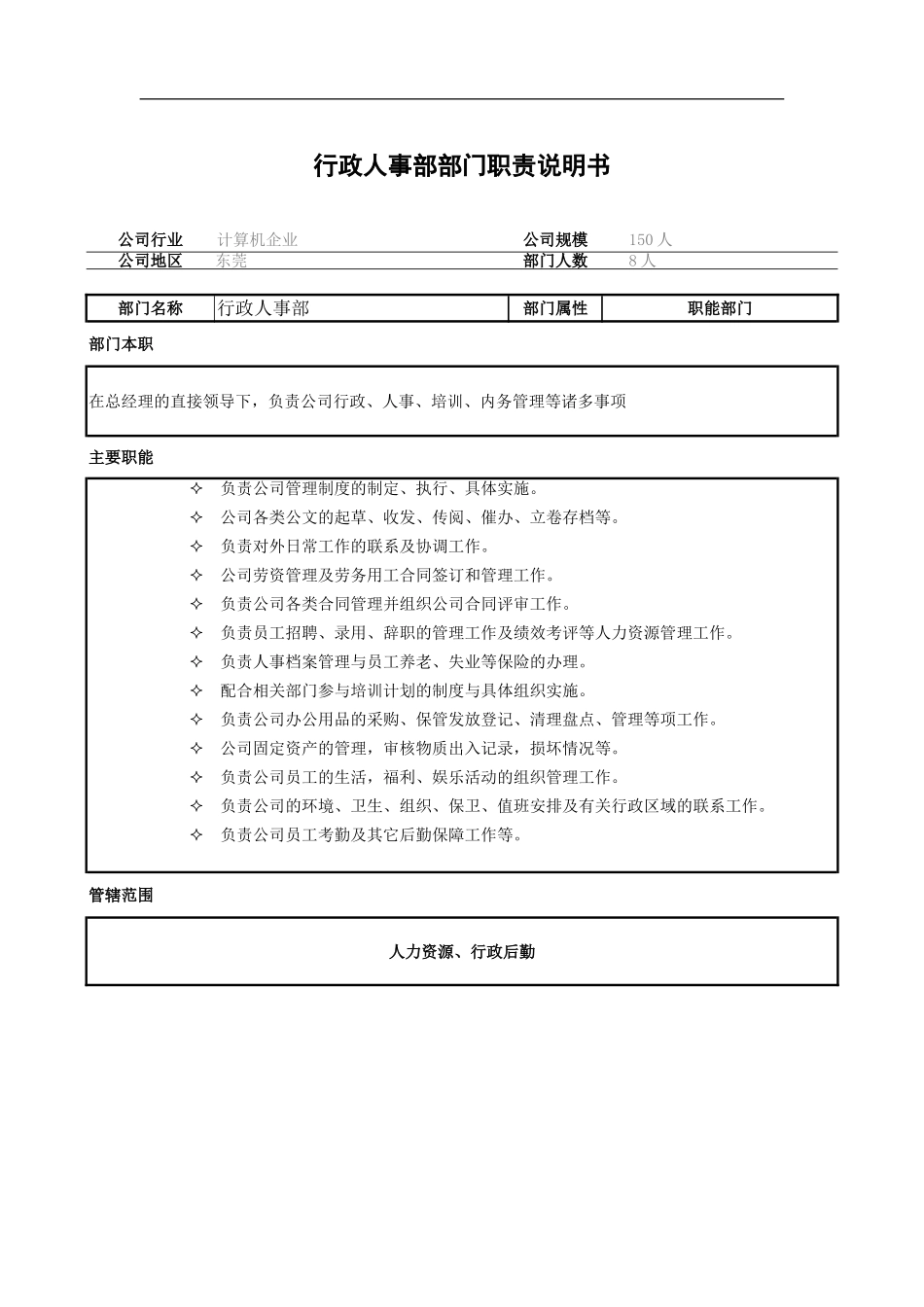 行政人事部部门职责说明书(计算机企业.doc_第1页