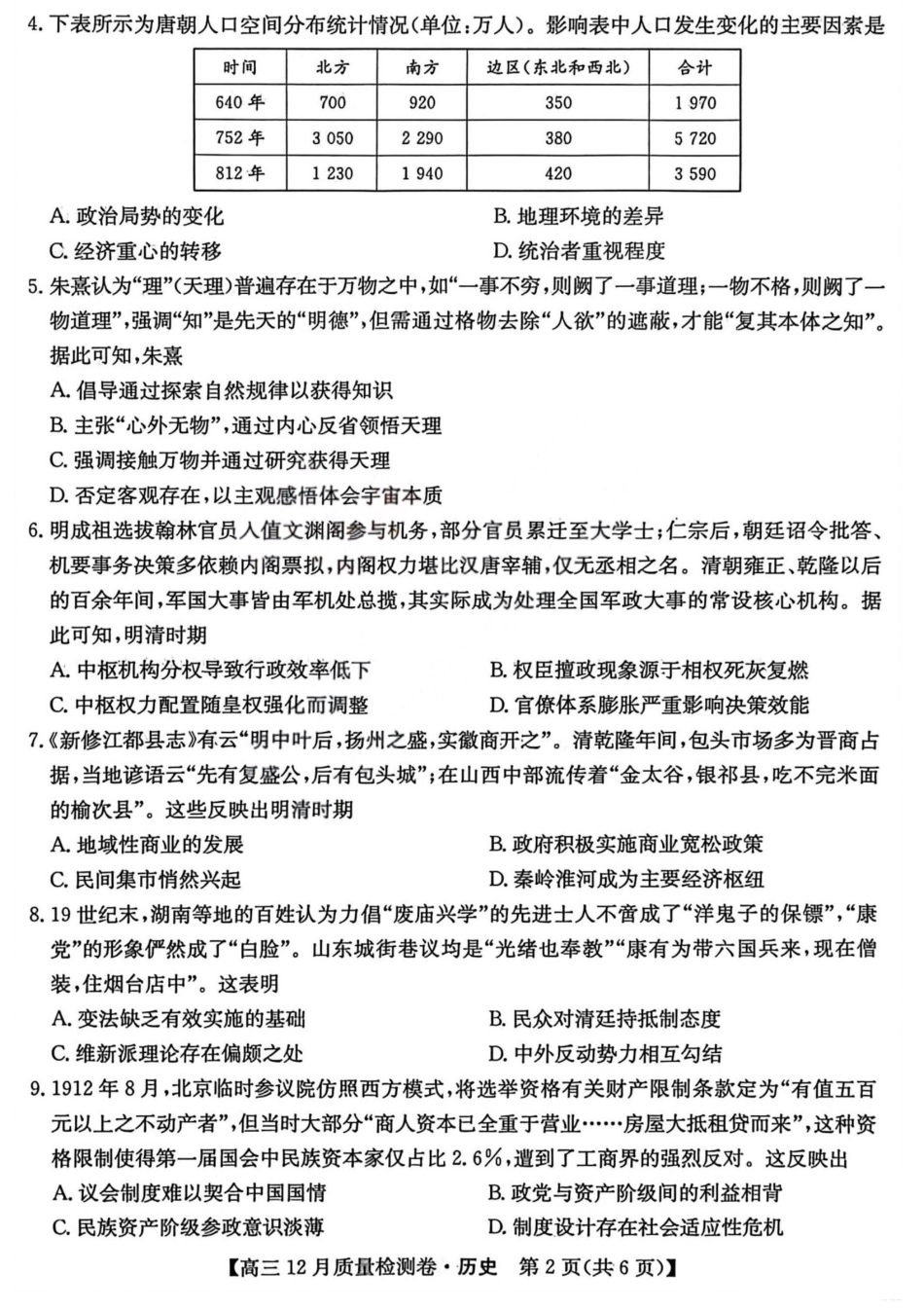 山西三晋卓越联盟2025-2026学年高三12月质量检测历史+答案.pdf_第2页