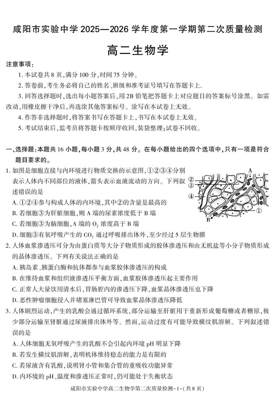 陕西省咸阳市实验中学2025-2026学年高二上学期第二次质量检测生物试卷.pdf_第1页