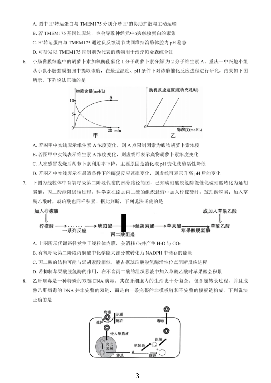 生物试卷重庆市第一中学2026届高三11月高考适应性月考卷（三）(111月中旬).pdf_第3页