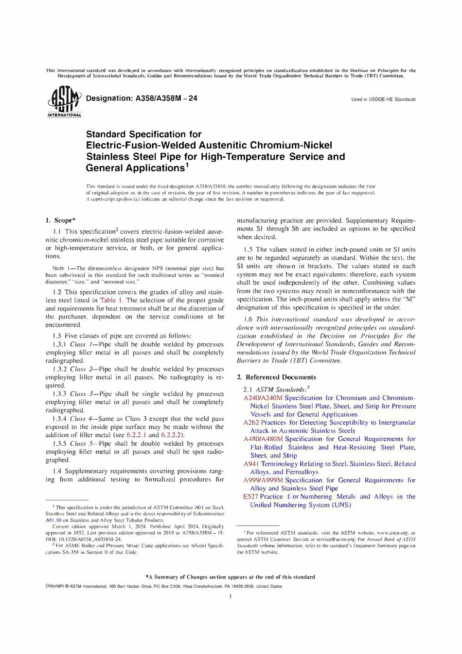 ASTM A358 A358M-24 高温用和通用用途电熔焊接奥氏体铬镍不锈钢管的规范（英文版）.pdf_第1页