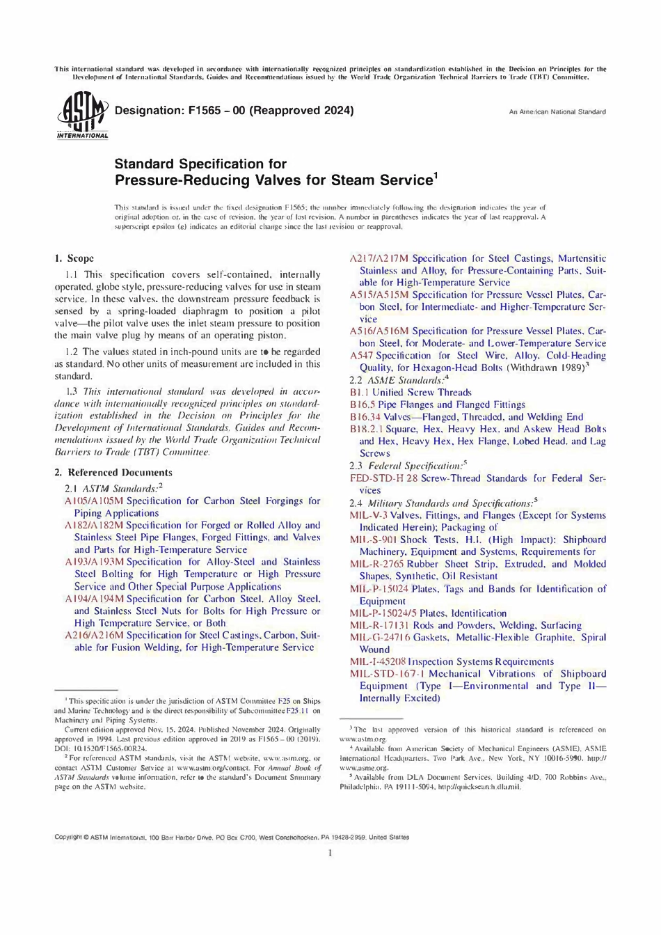ASTM F1565-00(2024) 蒸汽用减压阀的标准规范（英文版）.pdf_第1页