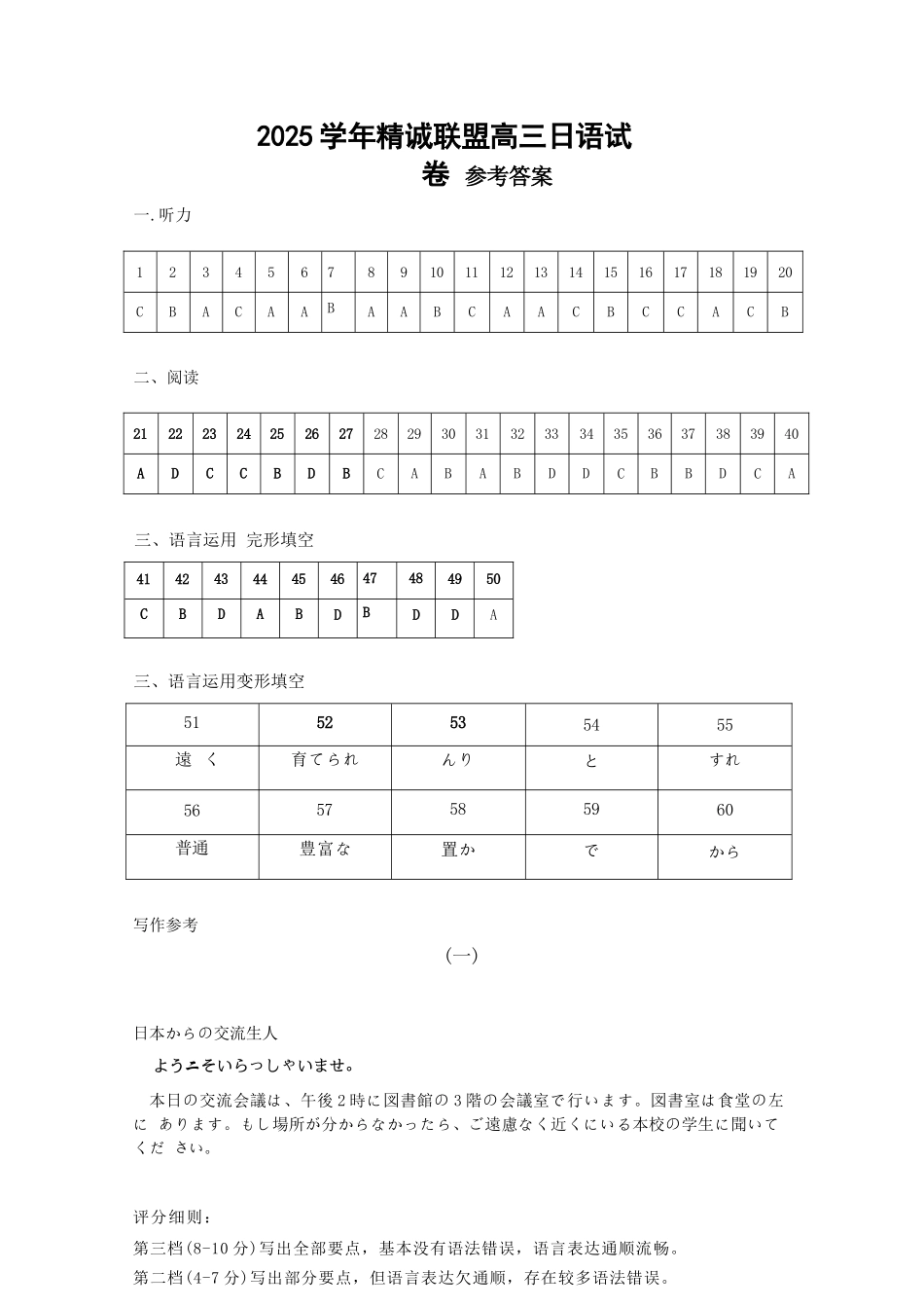 日语试卷答案浙江省精诚联盟2025学年第一学期高三年级12月适应性联考(精诚一模)(12.11-12.12).docx_第1页