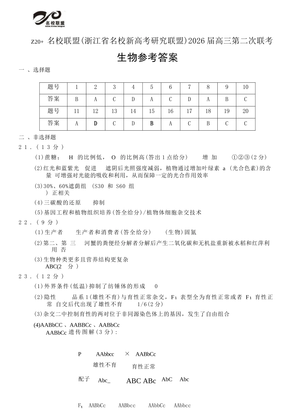 生物试卷答案浙江省Z20名校联盟（浙江省名校新高考研究联盟）2026届高三第二次联考(Z20二模)(12.15-12.16).docx_第1页