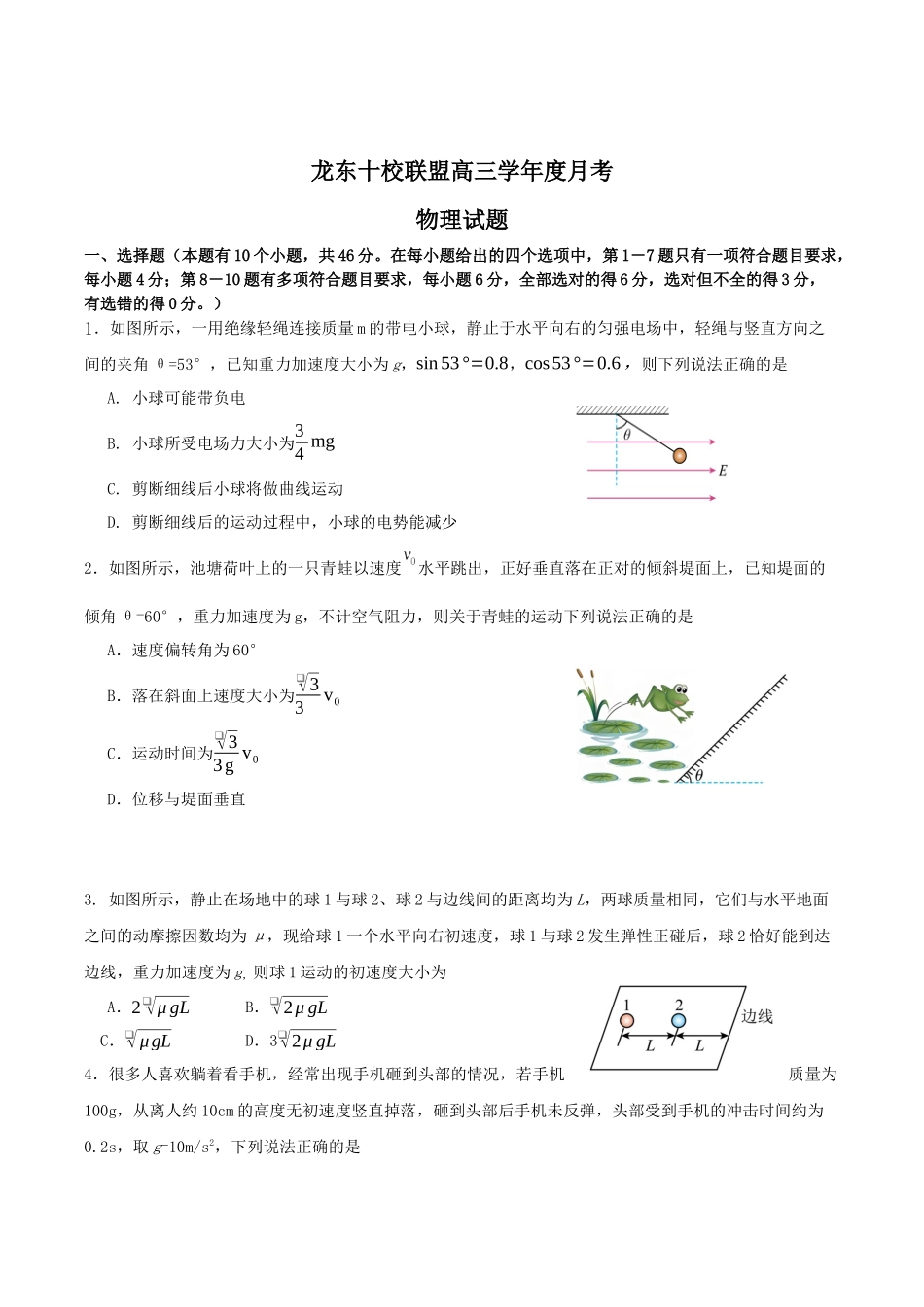 物理试卷+答案黑龙江省龙东十校联盟2026届高三学年度上学期12月月考（12.10-12.11）.docx_第1页