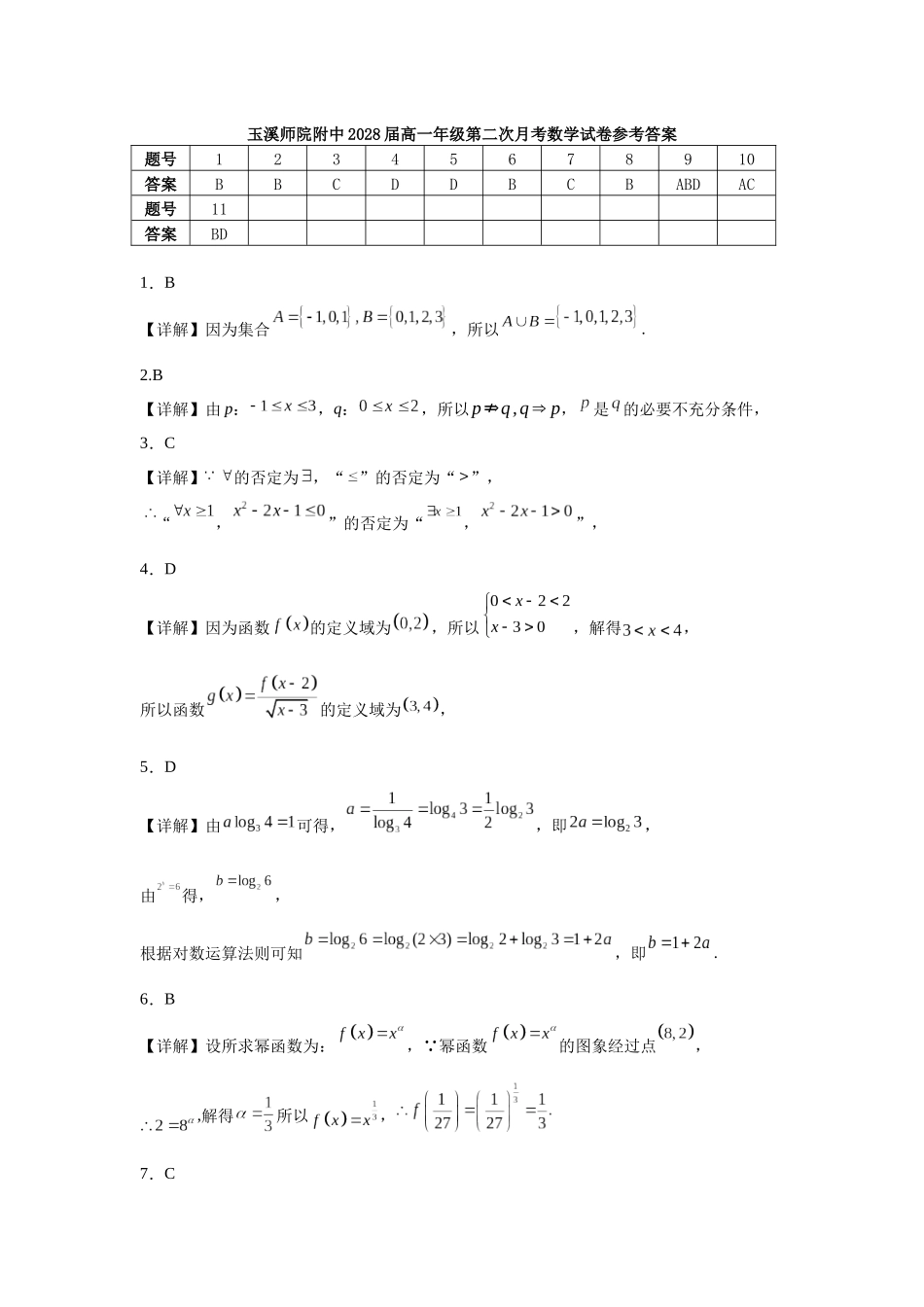 玉溪师院附中2028届高一上学期第二次校测数学答案.docx_第1页