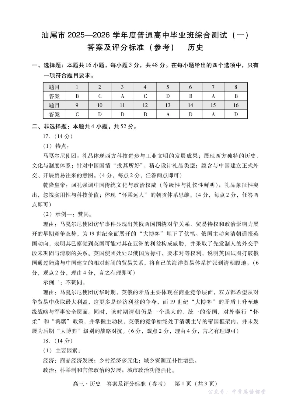 汕尾市2025—2026学年度普通高中毕业班综合测试（一）历史答案.pdf_第1页