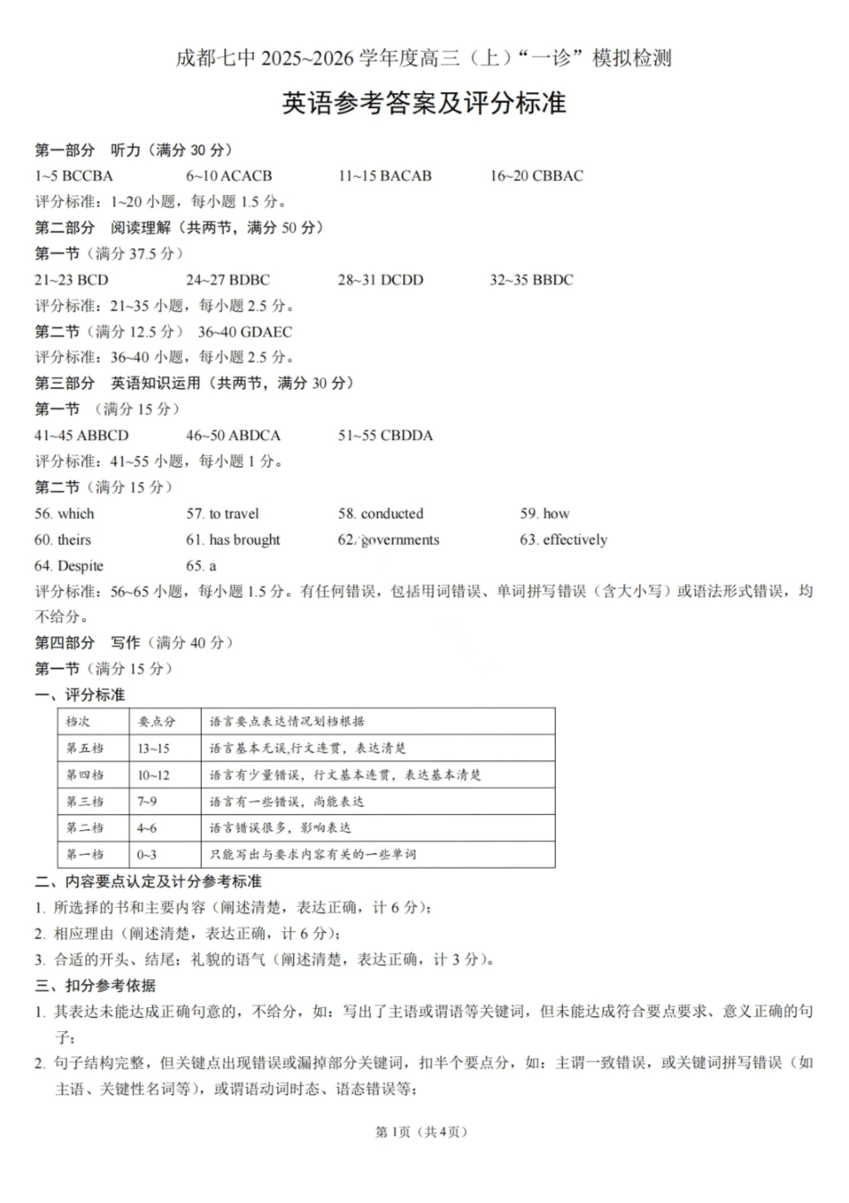 英语试卷答案四川省成都七中高2025学年度2026届高三（上）一诊模拟检测（12.10-12.11).pdf_第1页