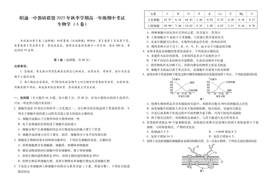 云南省昭通一中教研联盟2025-2026学年高一上学期期中考试生物（A）试卷（）.pdf_第1页