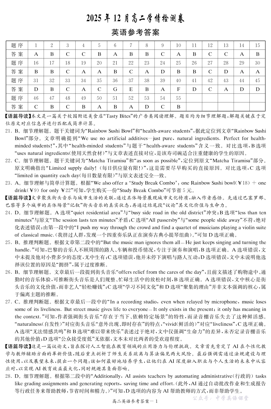 长郡二十校联盟-新高考教学教研联盟2025年12月高二联考学情检测英语答案.pdf_第1页
