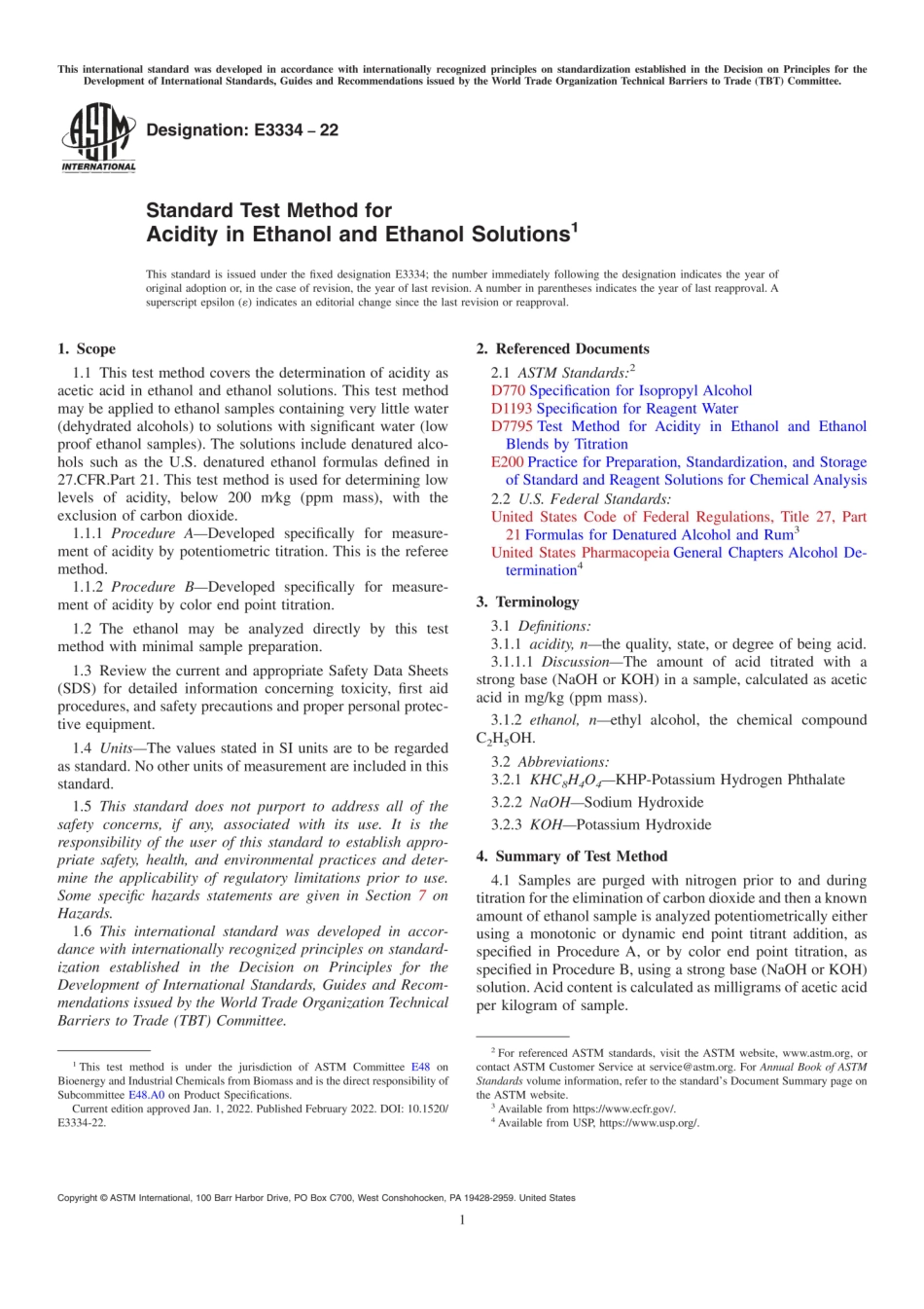 ASTM E3334-22 Standard Test Method for Acidity in Ethanol and Ethanol Solutions.pdf_第1页