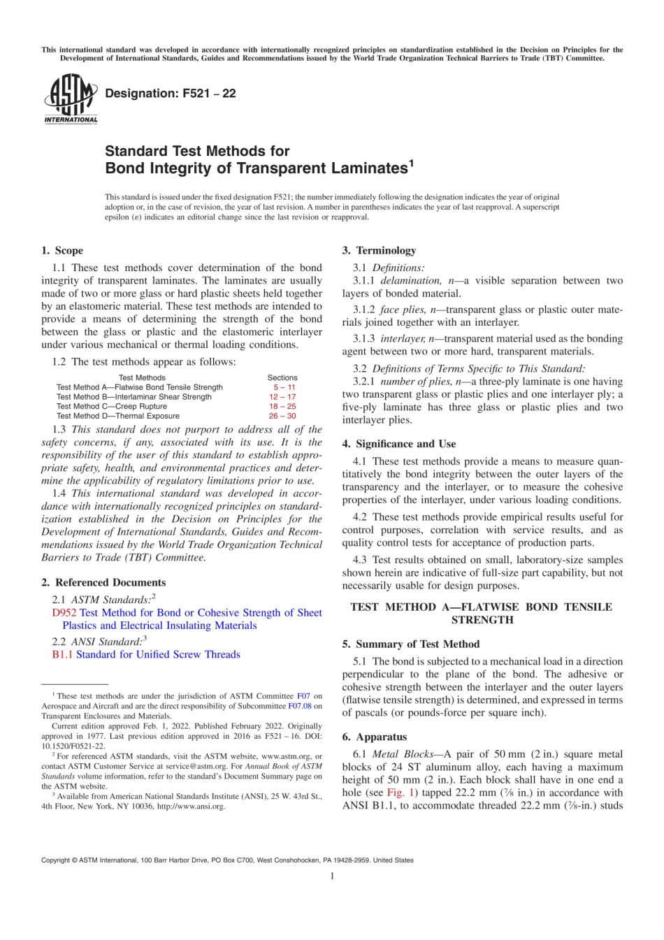 ASTM F521-22 Standard Test Methods for Bond Integrity of Transparent Laminates.pdf_第1页