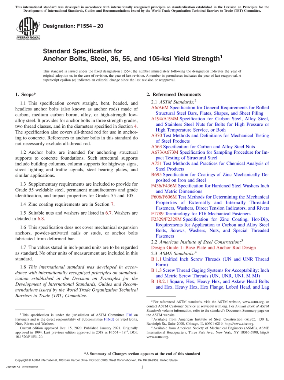 ASTM F1554-20 Standard Specification for Anchor Bolts, Steel, 36, 55, and 105-ksi Yield Strength.pdf_第1页