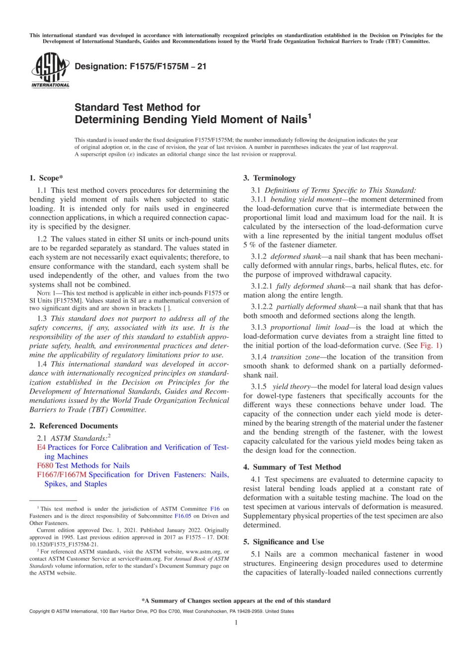 ASTM F1575/F1575M-21 Standard Test Method for Determining Bending Yield Moment of Nails.pdf_第1页