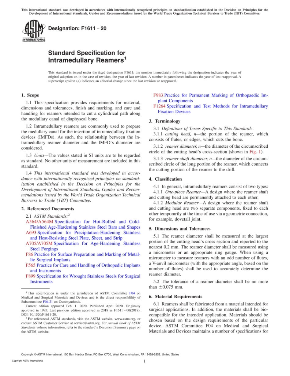 ASTM F1611-20 Standard Specification for Intramedullary Reamers.pdf_第1页