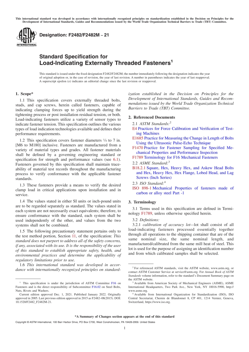 ASTM F2482/F2482M-21 Standard Specification for Load-Indicating Externally Threaded Fasteners.pdf_第1页