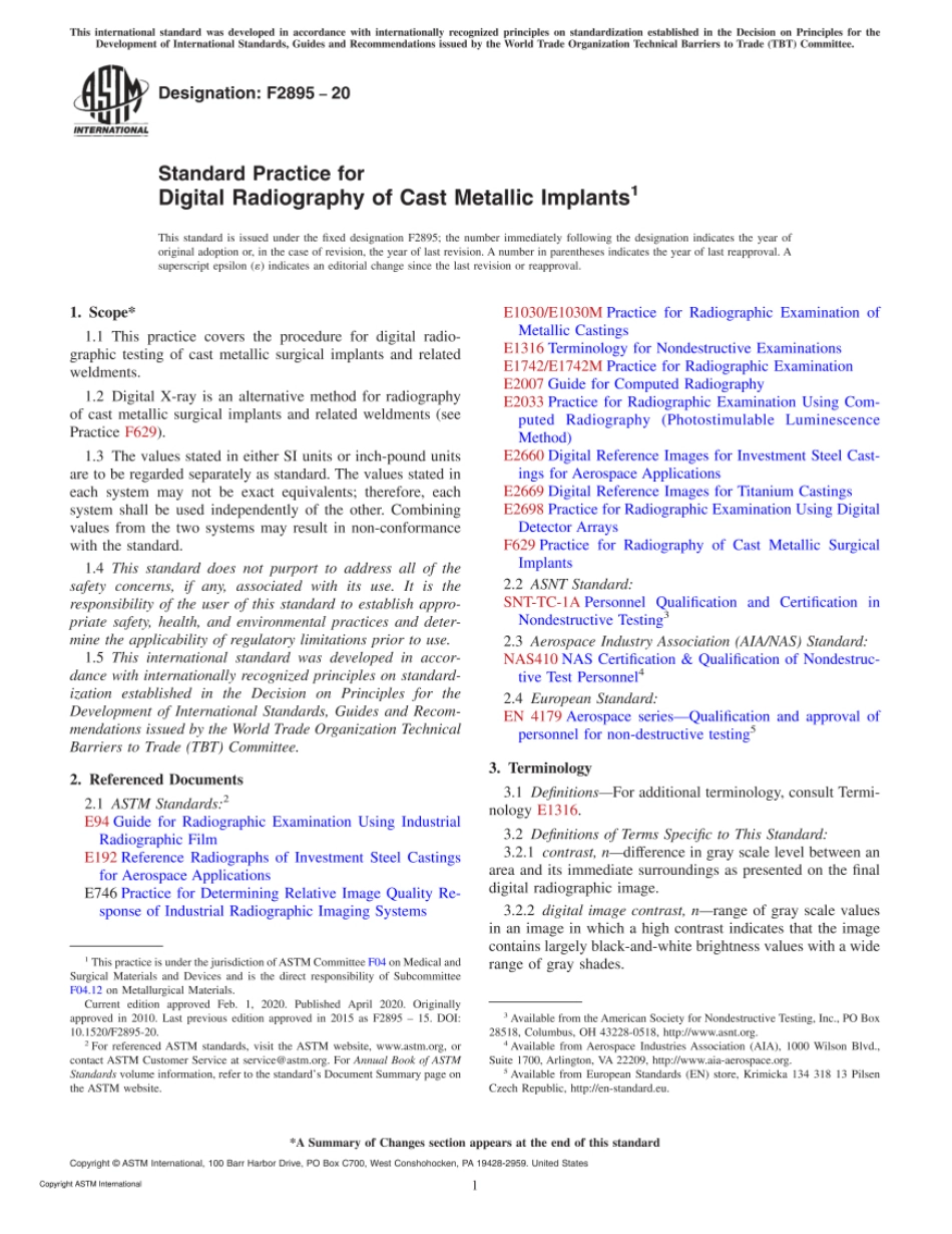 ASTM F2895-20 Standard Practice for Digital Radiography of Cast Metallic Implants.pdf_第1页