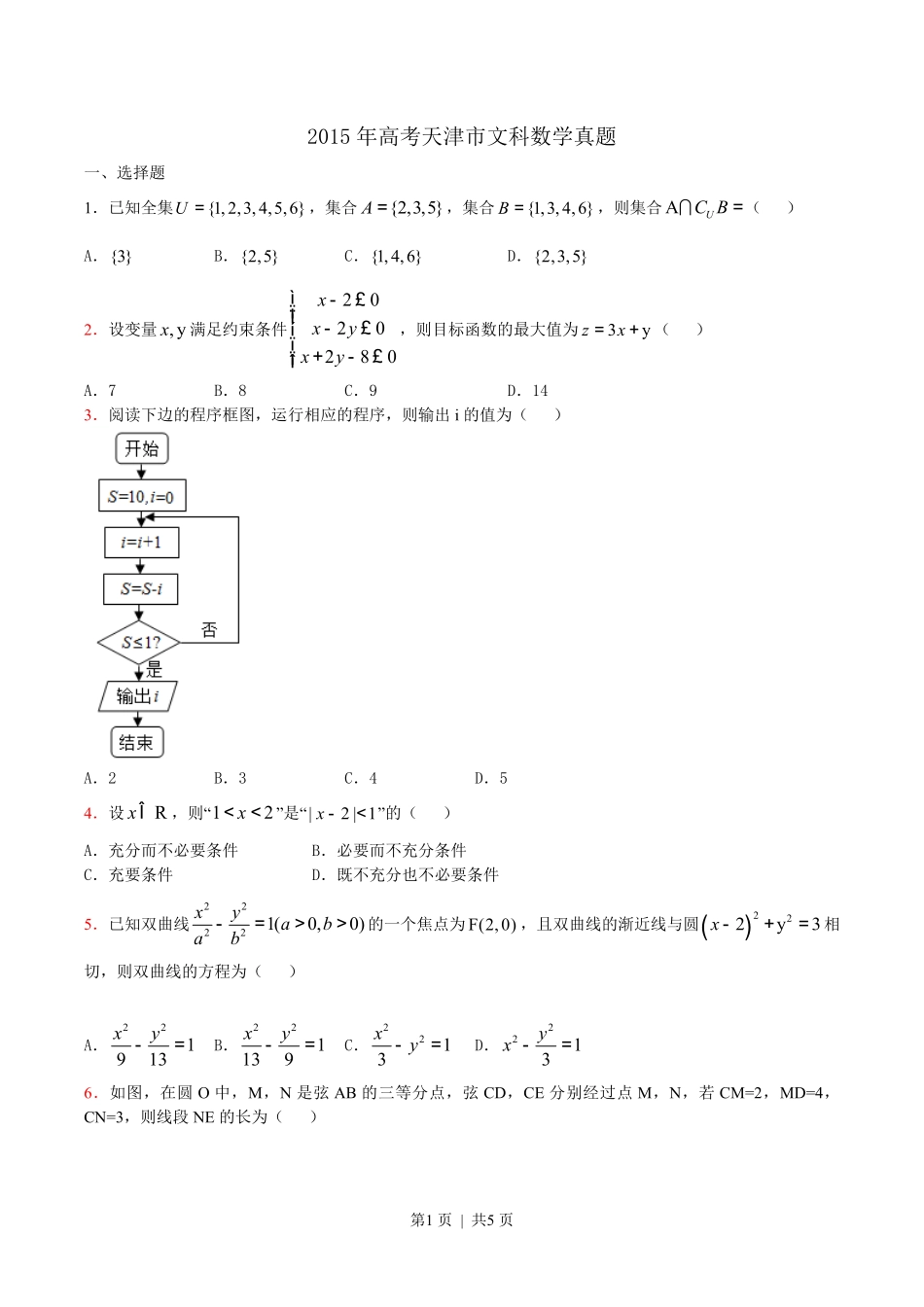 2015年高考数学试卷（文）（天津）（空白卷）.pdf_第1页