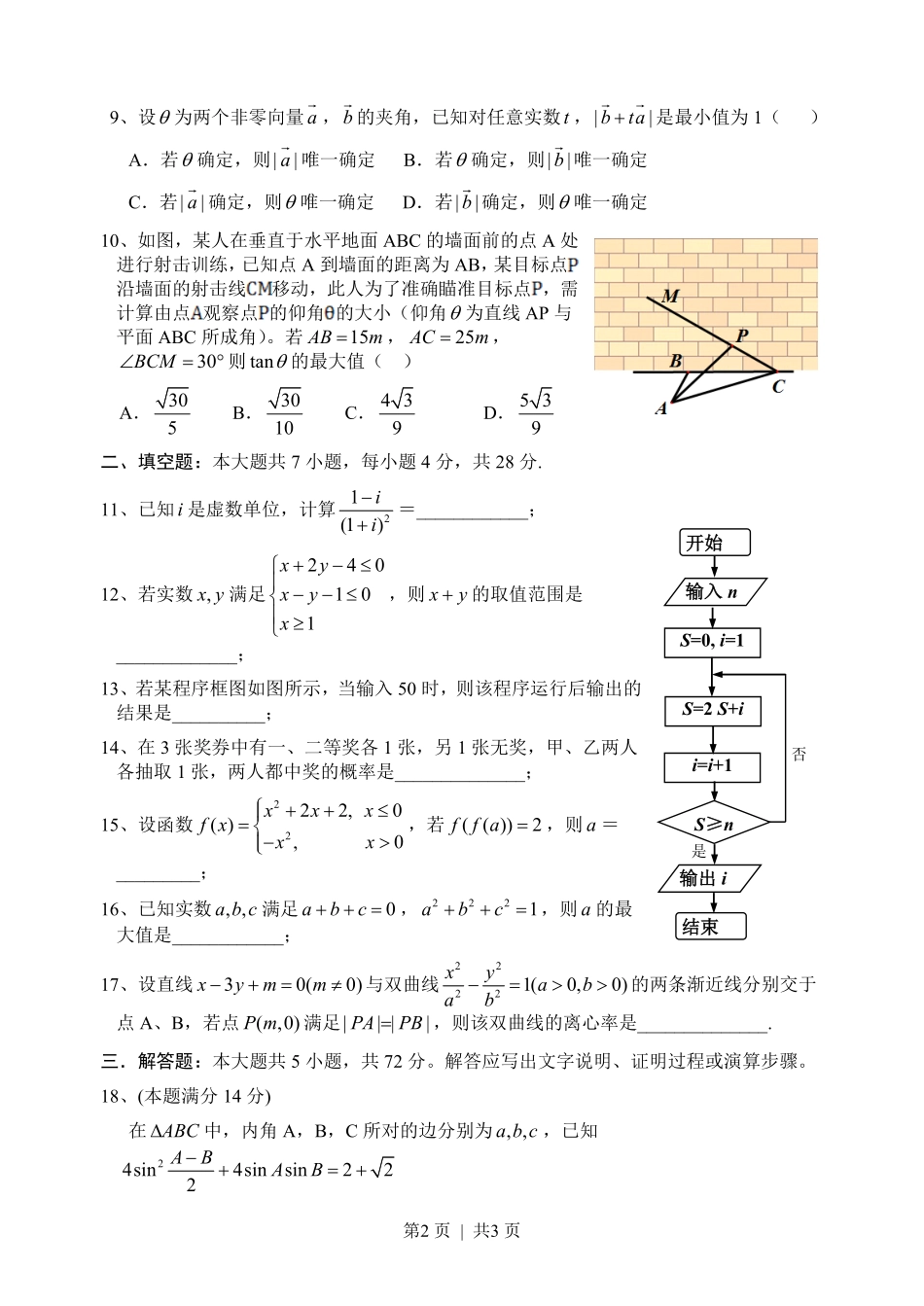 2014年高考数学试卷（文）（浙江）（空白卷）.pdf_第2页