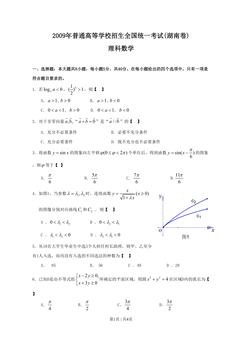 2009年高考数学试卷（理）（湖南）（空白卷）.pdf_第1页